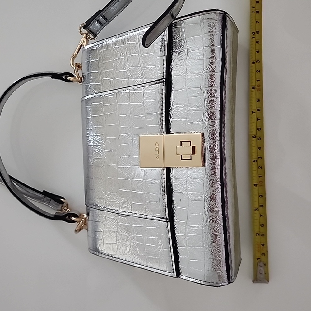 Aldo Rotoua Silver Gold Two Tone Metallic Top Handle Crossbody Mini Handbag - Picture 13 of 14